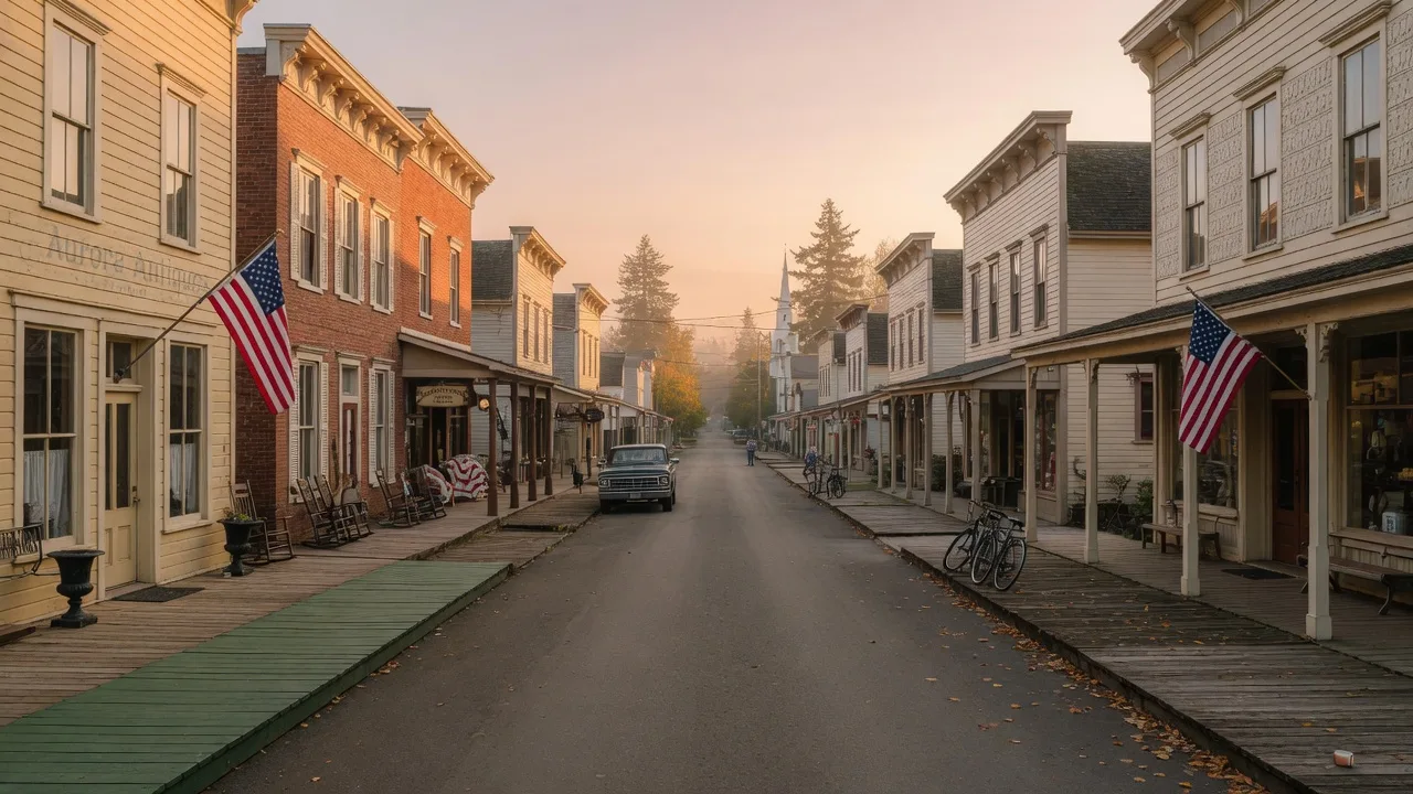 Historic Aurora main street with preserved 19th-century buildings and antique shops