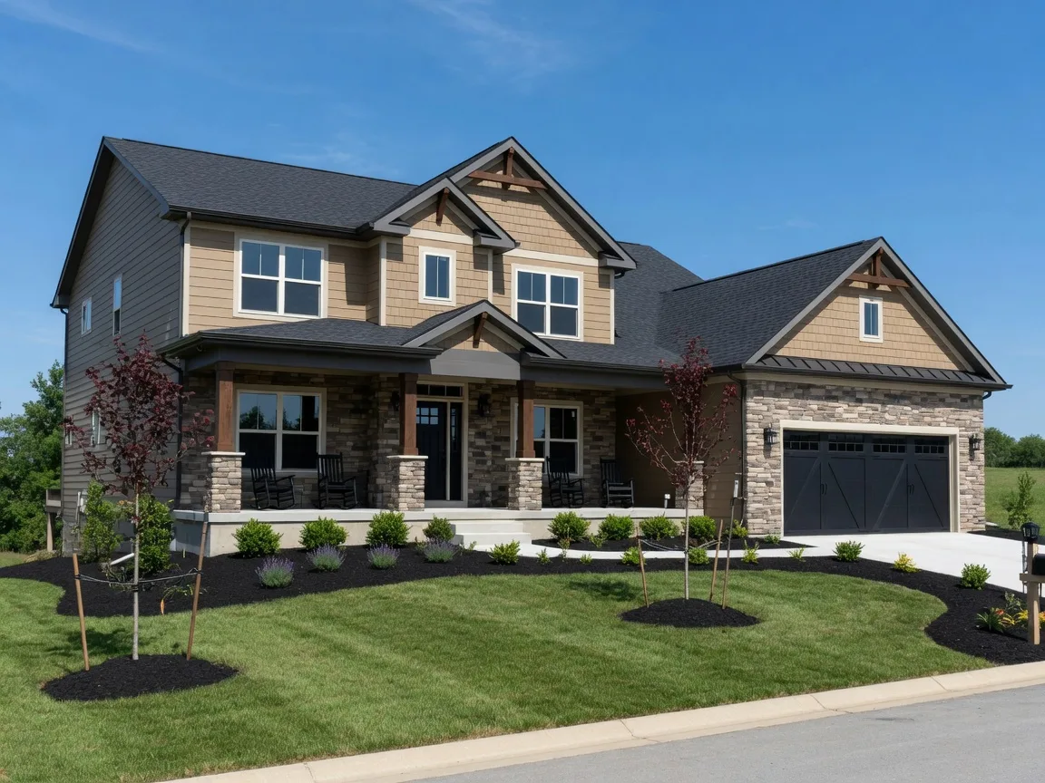 A beautiful new construction home in Blue Springs, Missouri with modern craftsman architecture, covered front porch, and manicured landscaping