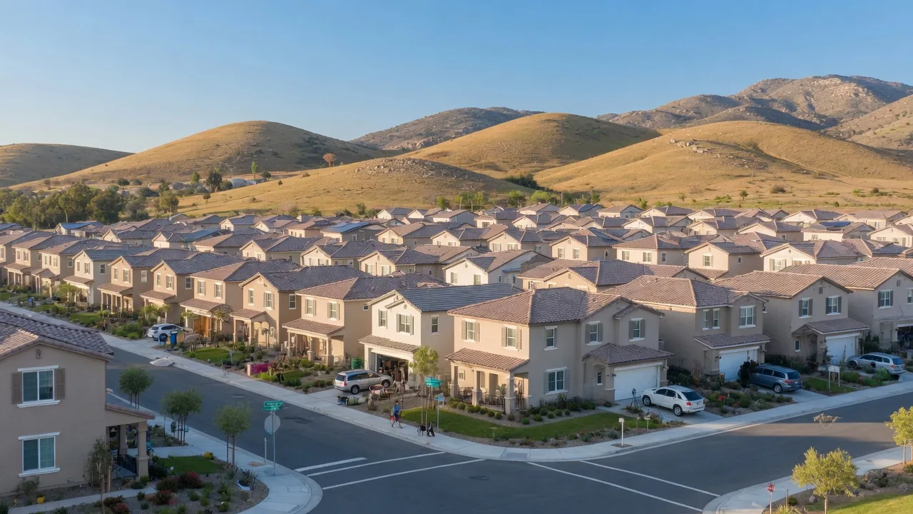 Master-planned neighborhood in Menifee with modern single-family homes, landscaped streets, and open hills in the distance