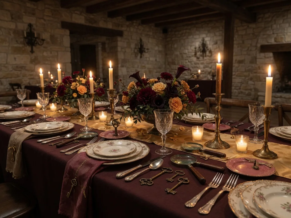 Candlelit mystery-dinner fundraiser tablescape with vintage place settings in a Hill Country event hall