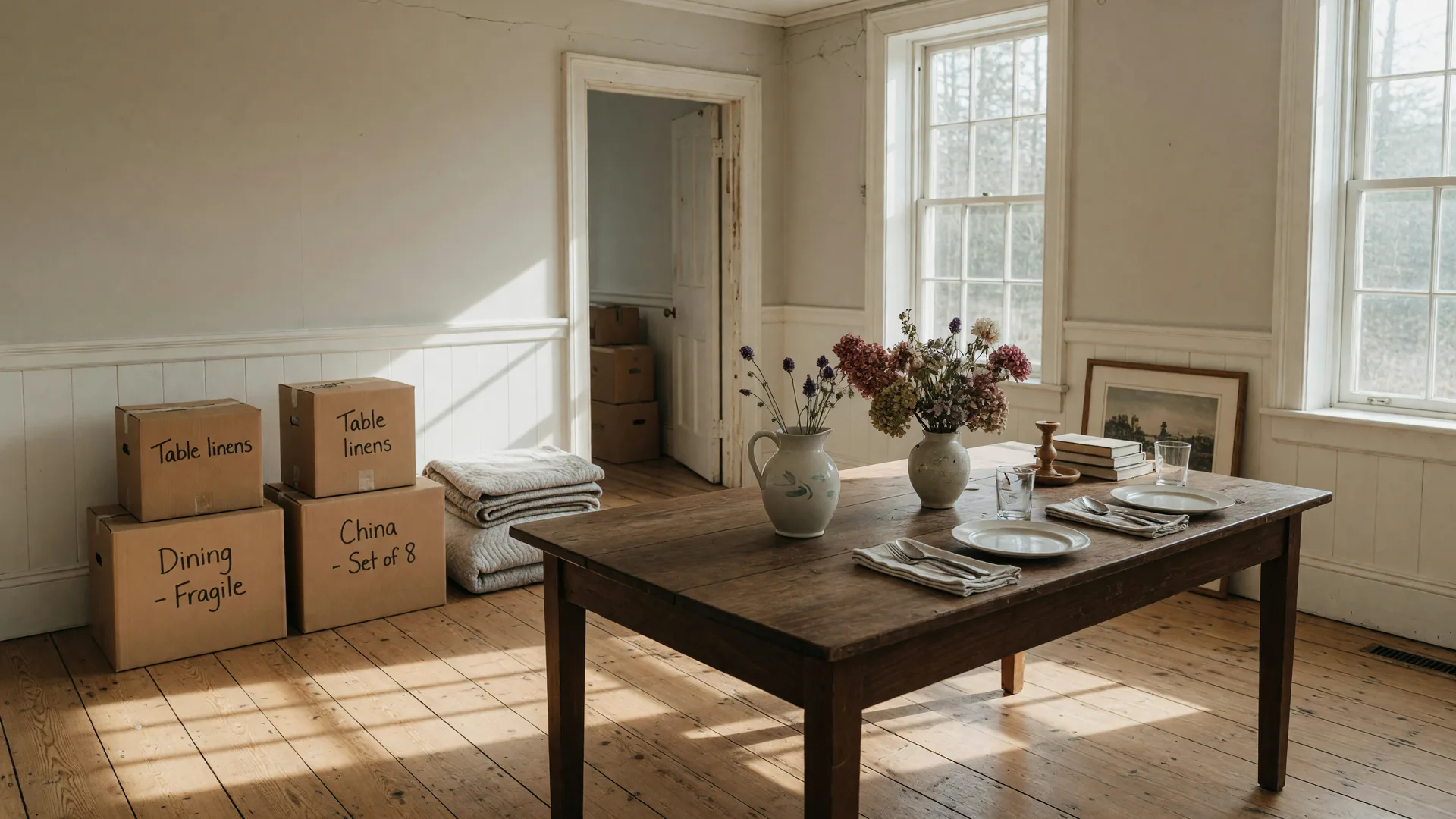A sunlit room being sorted for a downsizing move, the hero image for this one-room-at-a-time downsizing plan
