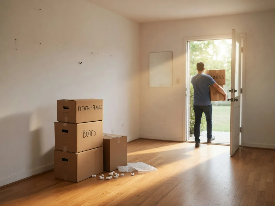 Homeowner carrying a box through a sunlit doorway as an approved short sale moves toward closing.