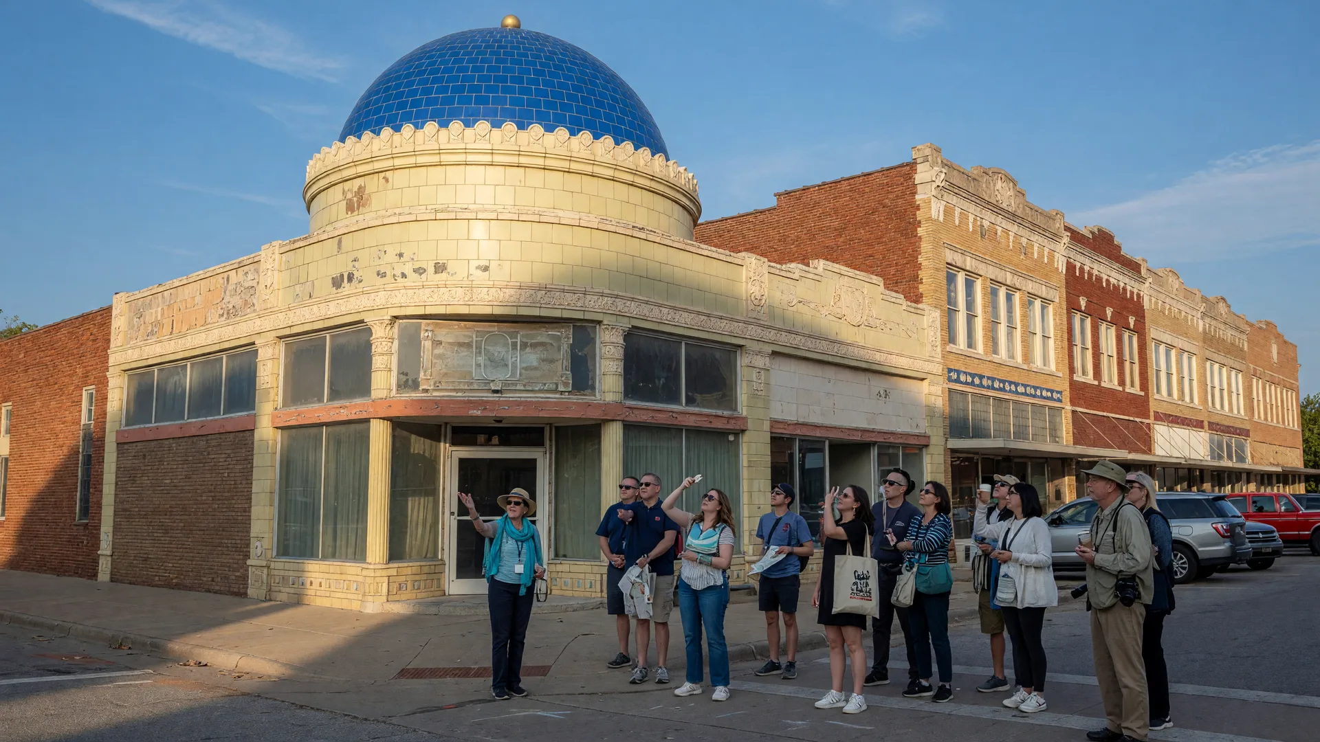 A guided walking tour group gathered outside the historic Blue Dome building in downtown Tulsa on a bright Saturday morning