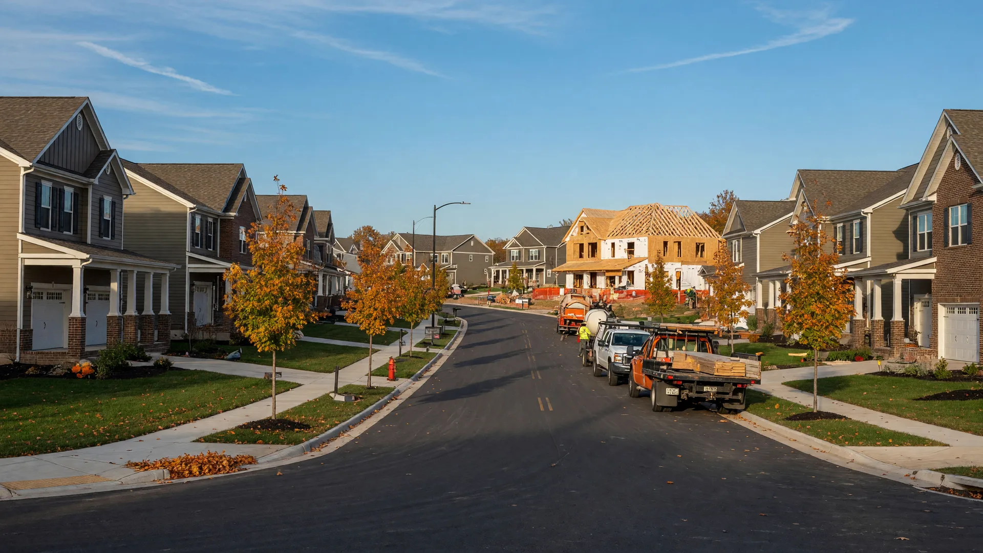 A freshly paved boulevard in a new Monroe, Ohio residential community on a crisp October morning, lined with two-story craftsman and brick-trimmed homes, young maples turning orange and gold, and a partially framed house in the distance
