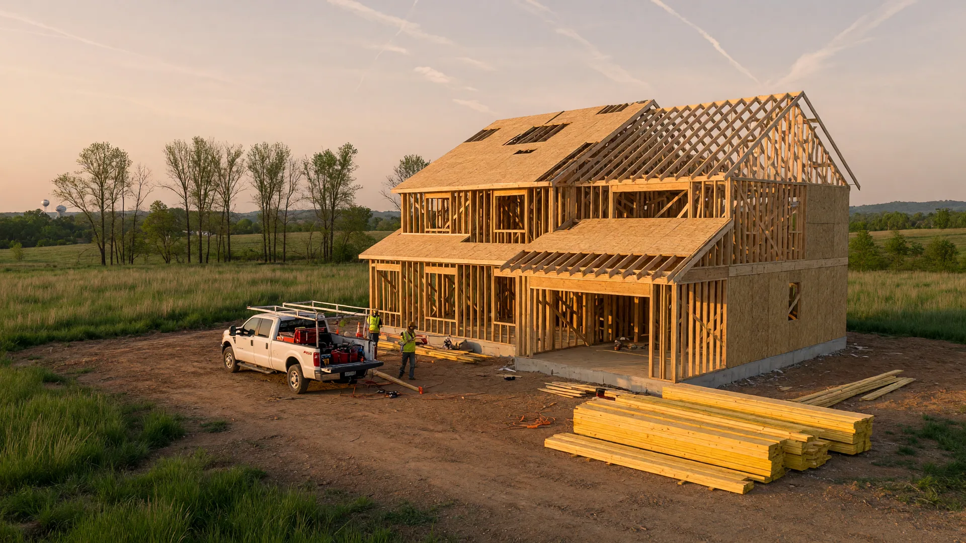 A newly framed two-story construction home on a graded lot in Bowling Green, Kentucky at golden hour