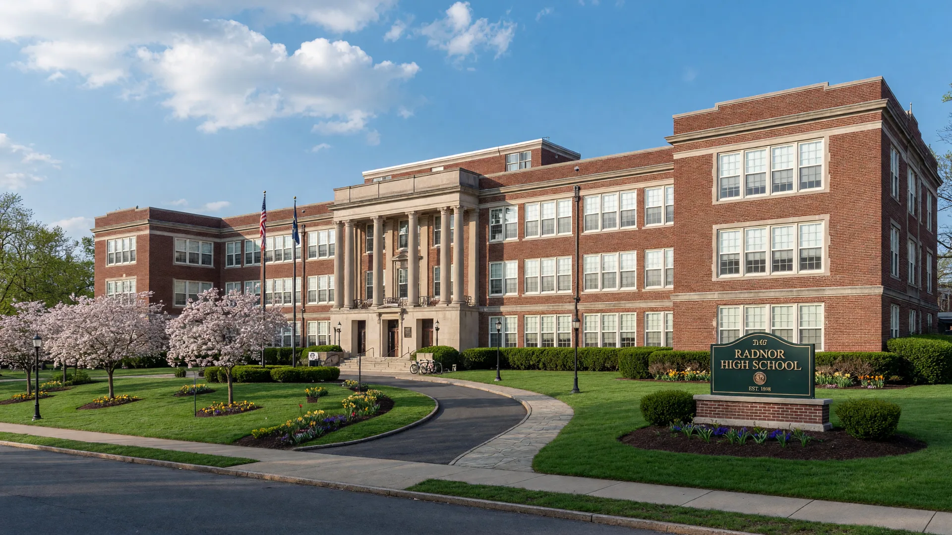 Radnor High School campus with brick and stone academic building and sports stadium