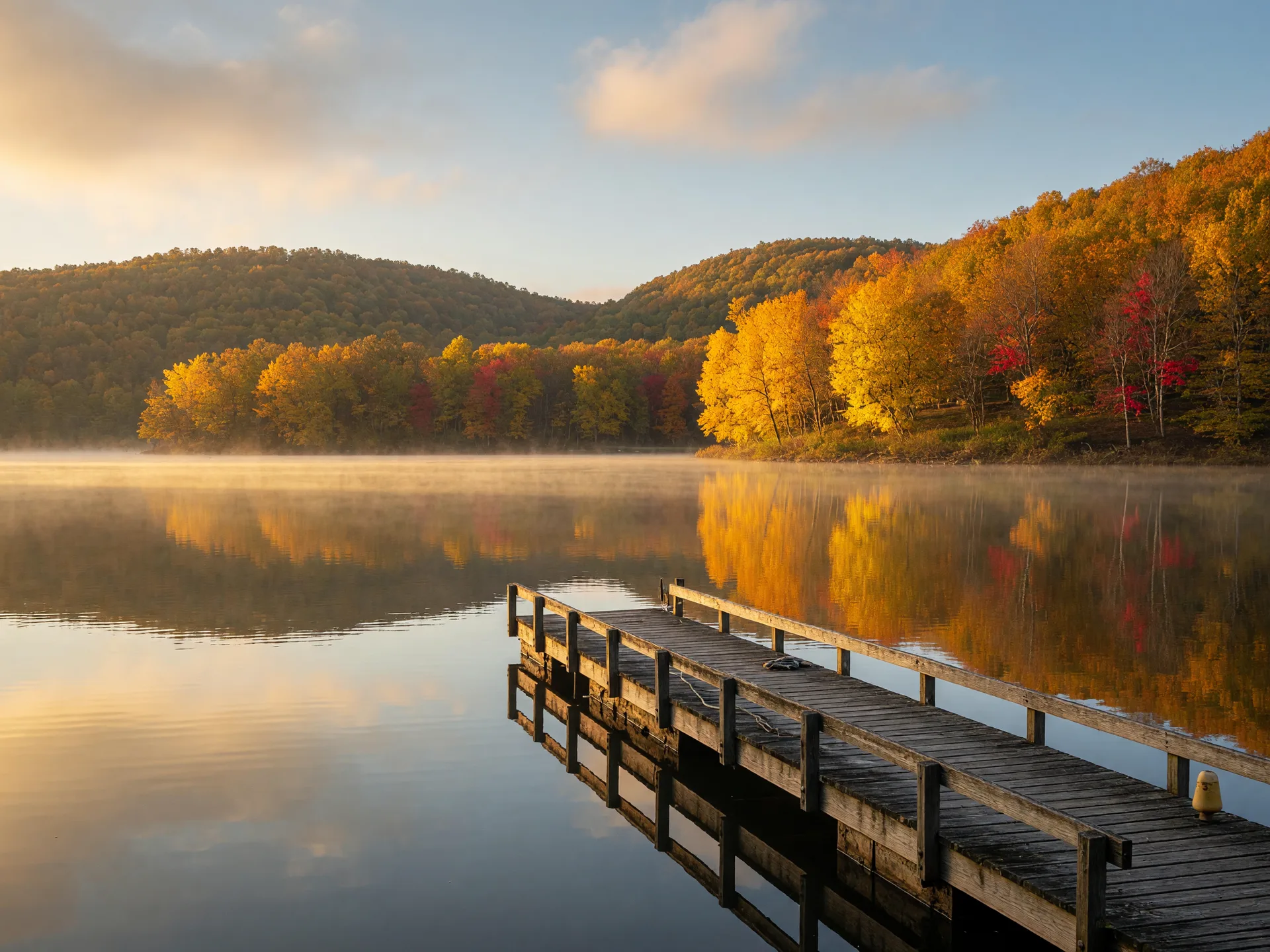 Cowan Lake State Park near Wilmington, Ohio in full autumn color with shoreline trees in yellow and burnt orange reflected in the calm water and a weathered wooden dock