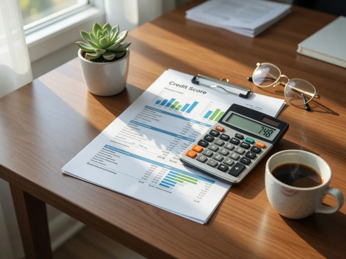 Credit score report and calculator on a desk, representing financial preparation for buying a home