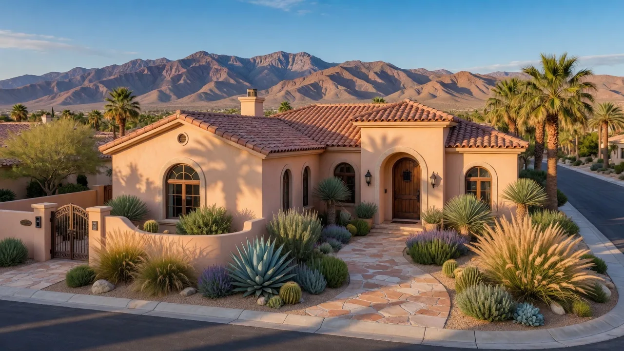 Two-story stucco home in a Las Vegas master-planned community with desert landscaping and clear western sky