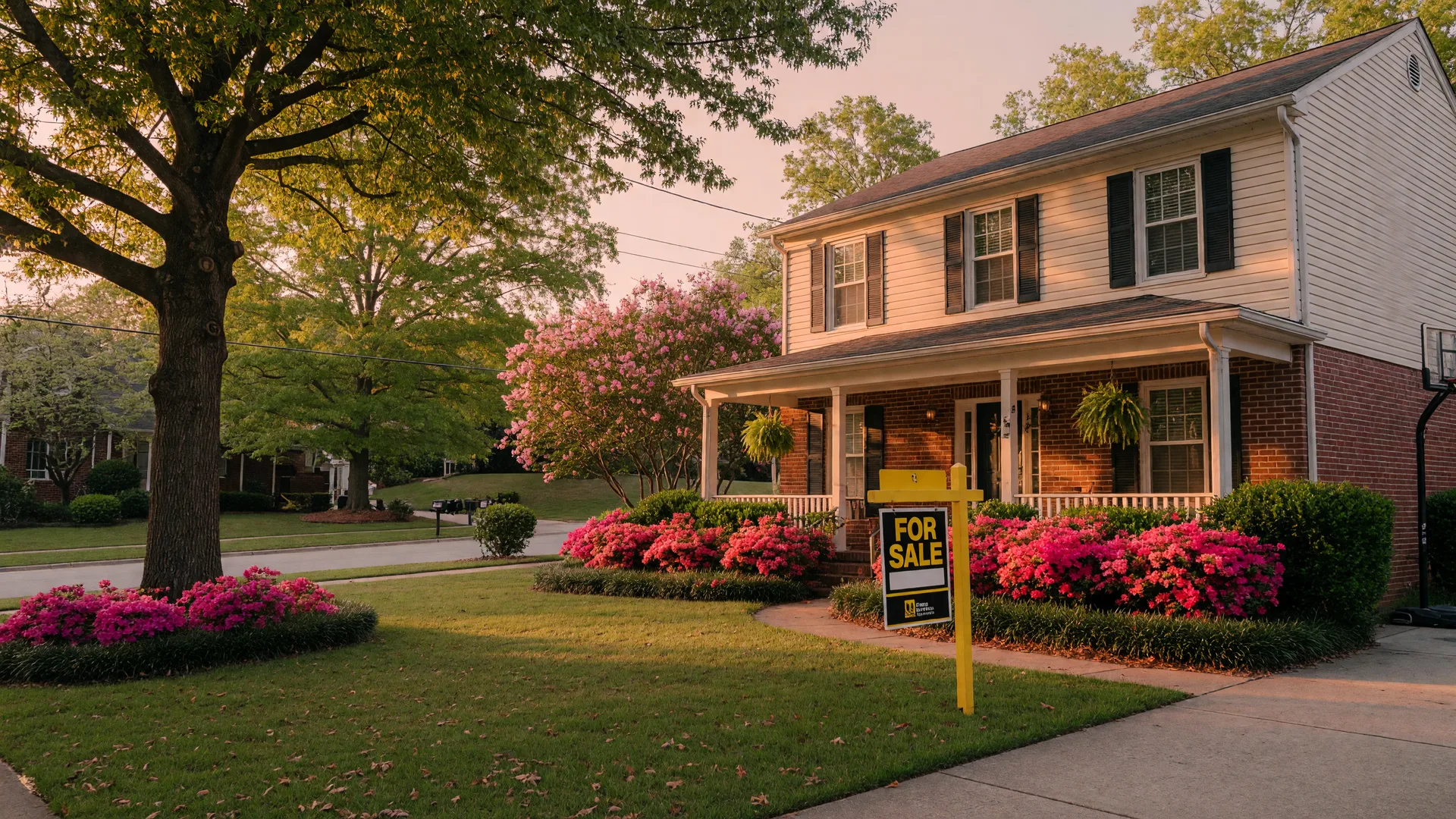 Classic suburban home in Cobb County, Georgia with a For Sale sign in the front yard on a tree-lined street in afternoon light