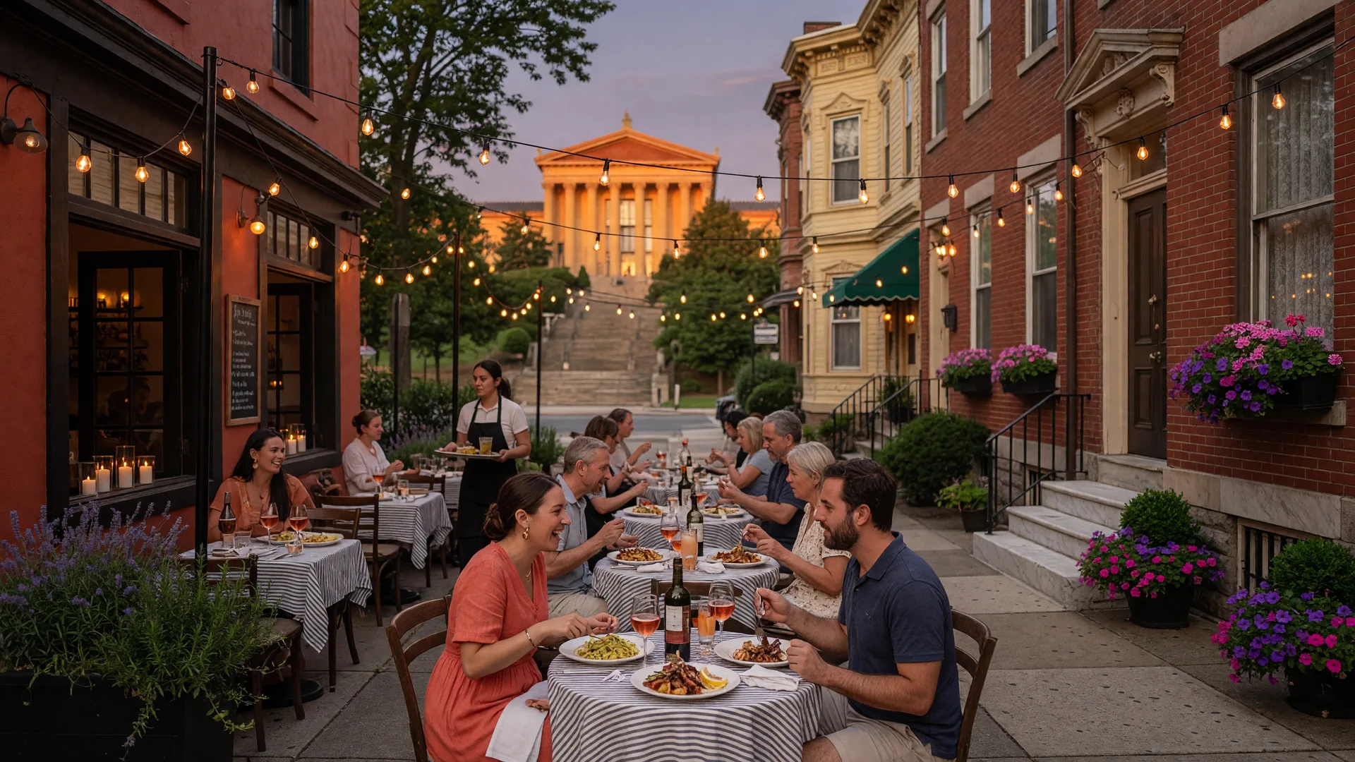 Fairmount Avenue dining scene with outdoor cafes and historic architecture
