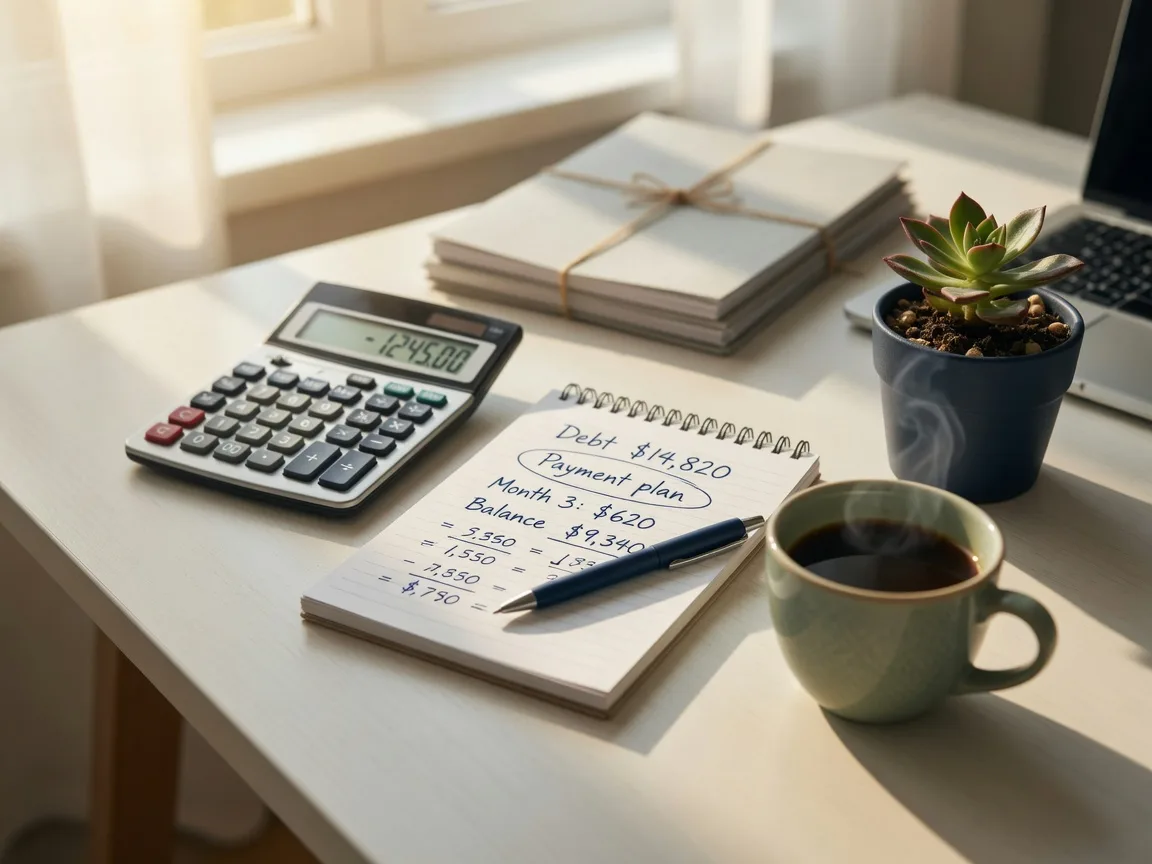 A modern desk with a calculator, notepad, and coffee cup, representing financial planning and debt management