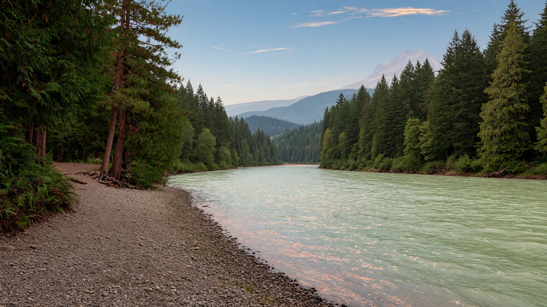 The milky pale-green Sandy River flowing past a gravel beach, framed by tall Douglas fir and cedar trees, with hazy foothills rising in the distance under a clear blue afternoon sky