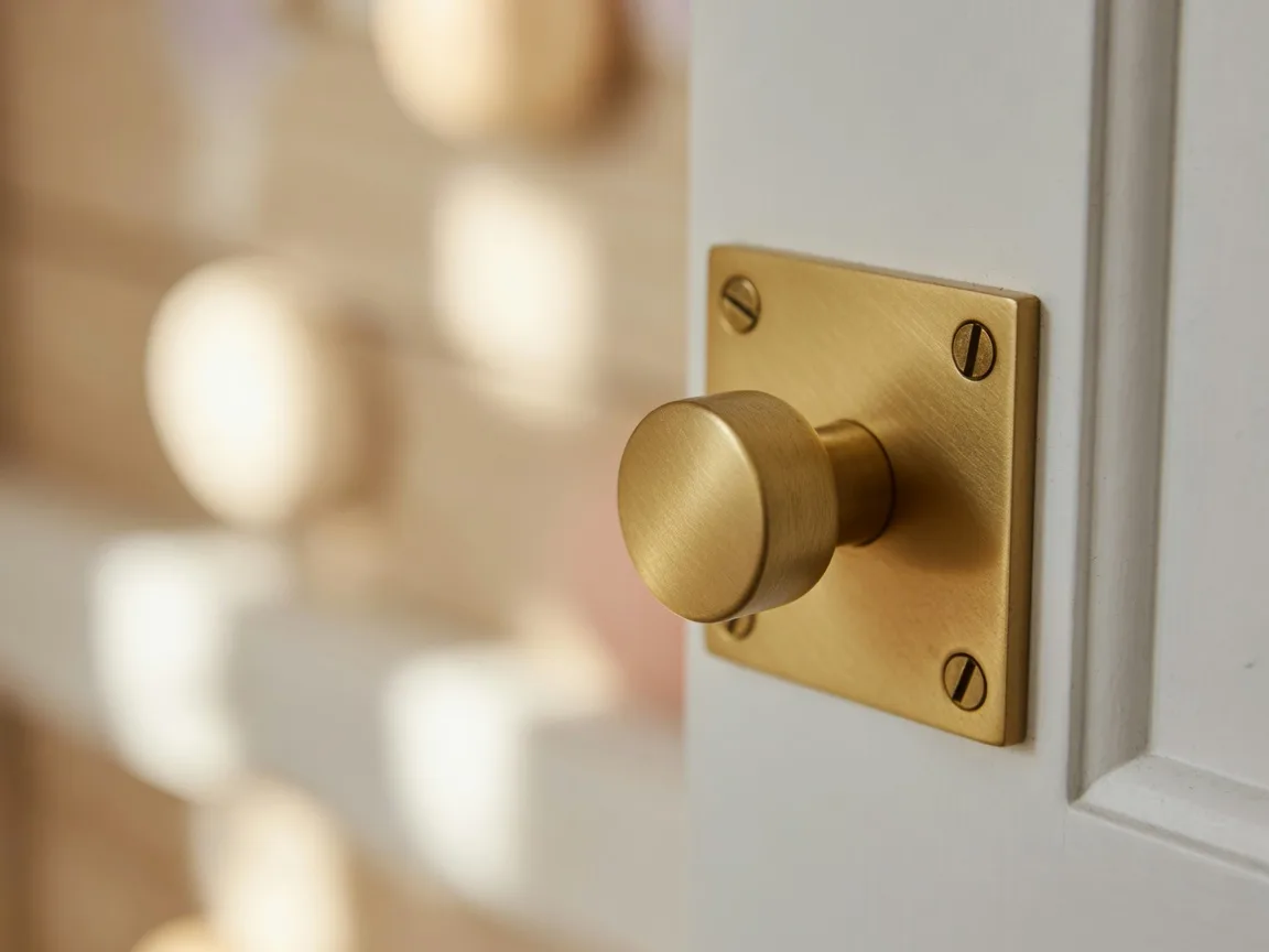 Brushed brass cabinet hardware on white inset cabinetry