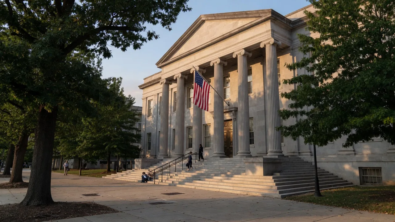 Montgomery County Circuit Court in Rockville, Maryland, with classical stone facade and grand columns on a summer morning