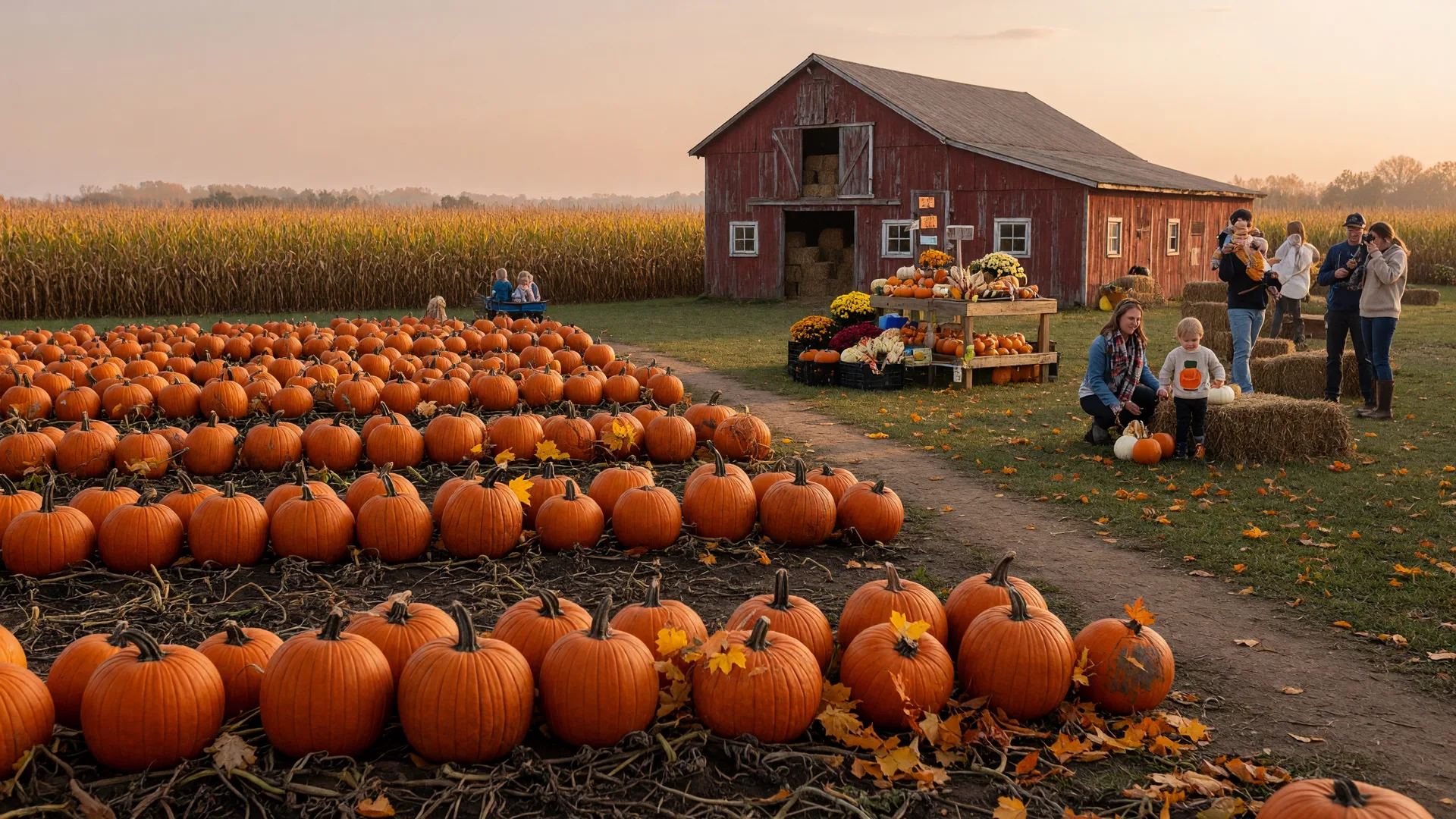 A New Jersey pumpkin patch with orange pumpkins, a red barn, and a golden cornfield in warm autumn light