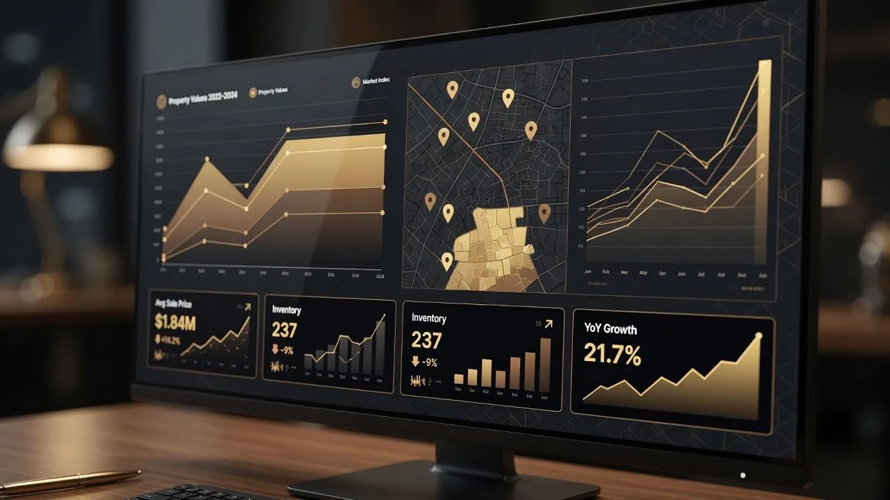 AI-powered real estate data dashboard showing market analytics and property trends