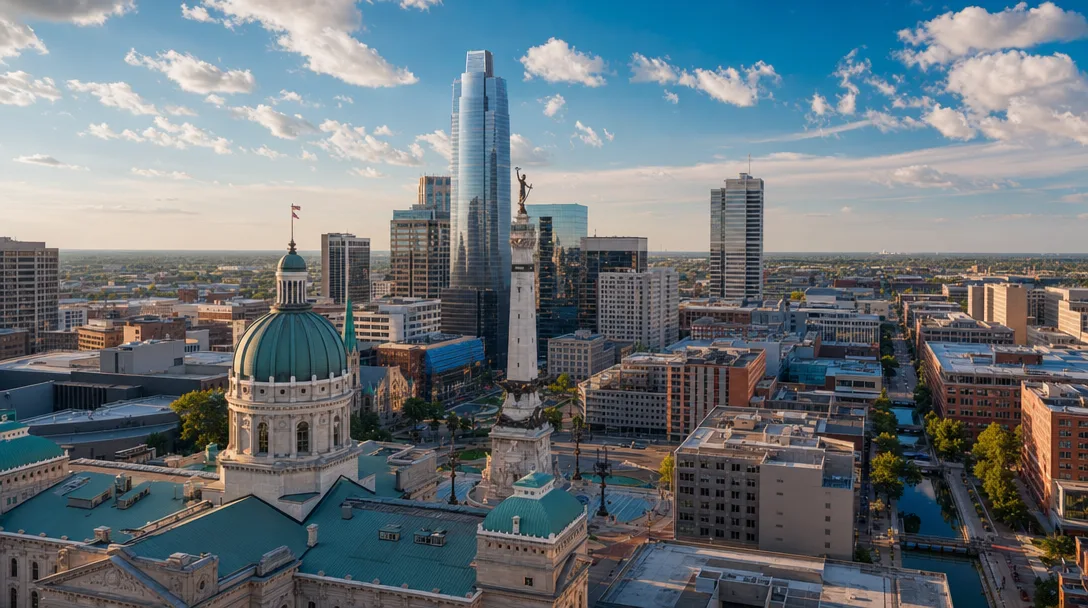 Indianapolis downtown skyline with the Salesforce Tower and Monument Circle at golden hour, Indiana's capital city