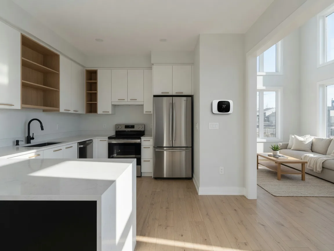 A bright modern kitchen in a newly built Durham Region home with quartz counters, large windows letting in morning light, a smart thermostat visible on the far wall, and an open-concept living area beyond
