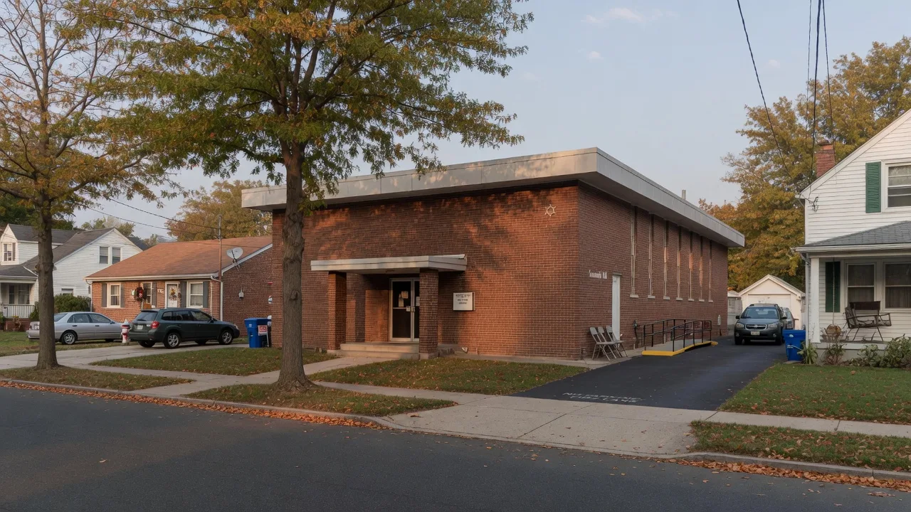 A mid-century brick synagogue and community building on a quiet tree-lined residential street in Bloomfield NJ, where a proposed expansion is under zoning board review