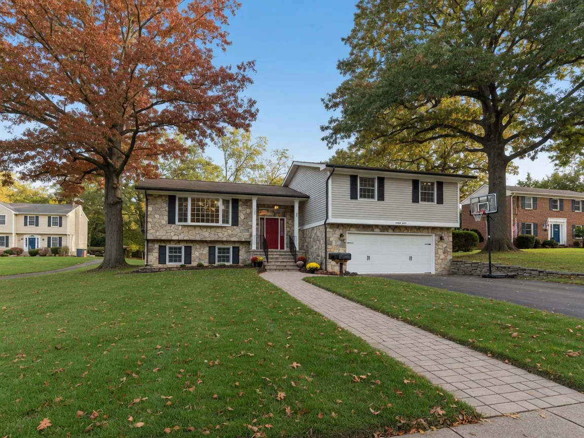 Split-level and ranch home in Richboro with stone facade and large lawn