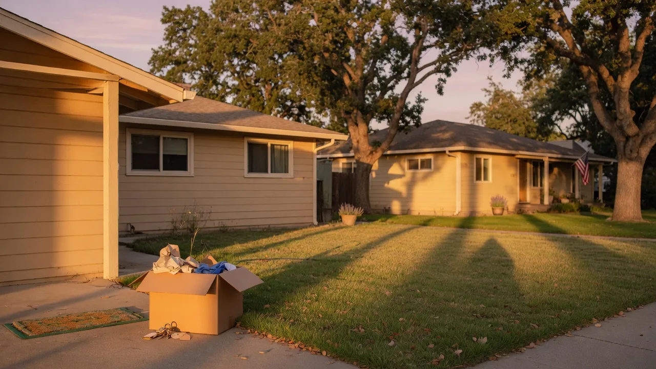 Two neighboring single-story homes at golden hour with a moving box and house keys on the nearer porch, symbolizing the transition between selling and buying