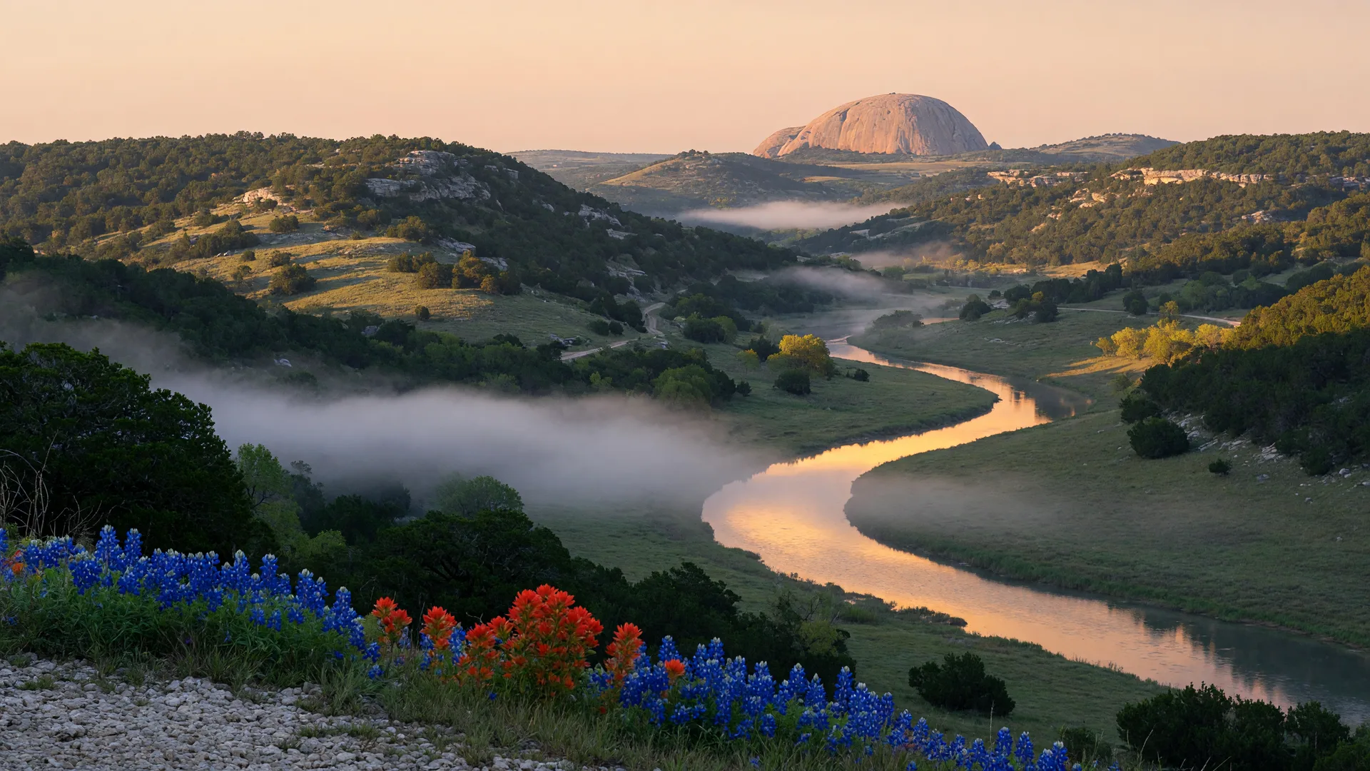 Texas Hill Country landscape at early morning with limestone hills, live oak woodland, and a sunlit river winding through the valley