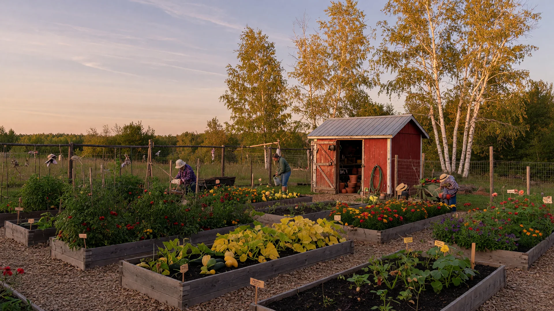 A community garden in northern Minnesota in late summer with neat raised beds of tomatoes, squash, and flowers in golden evening light
