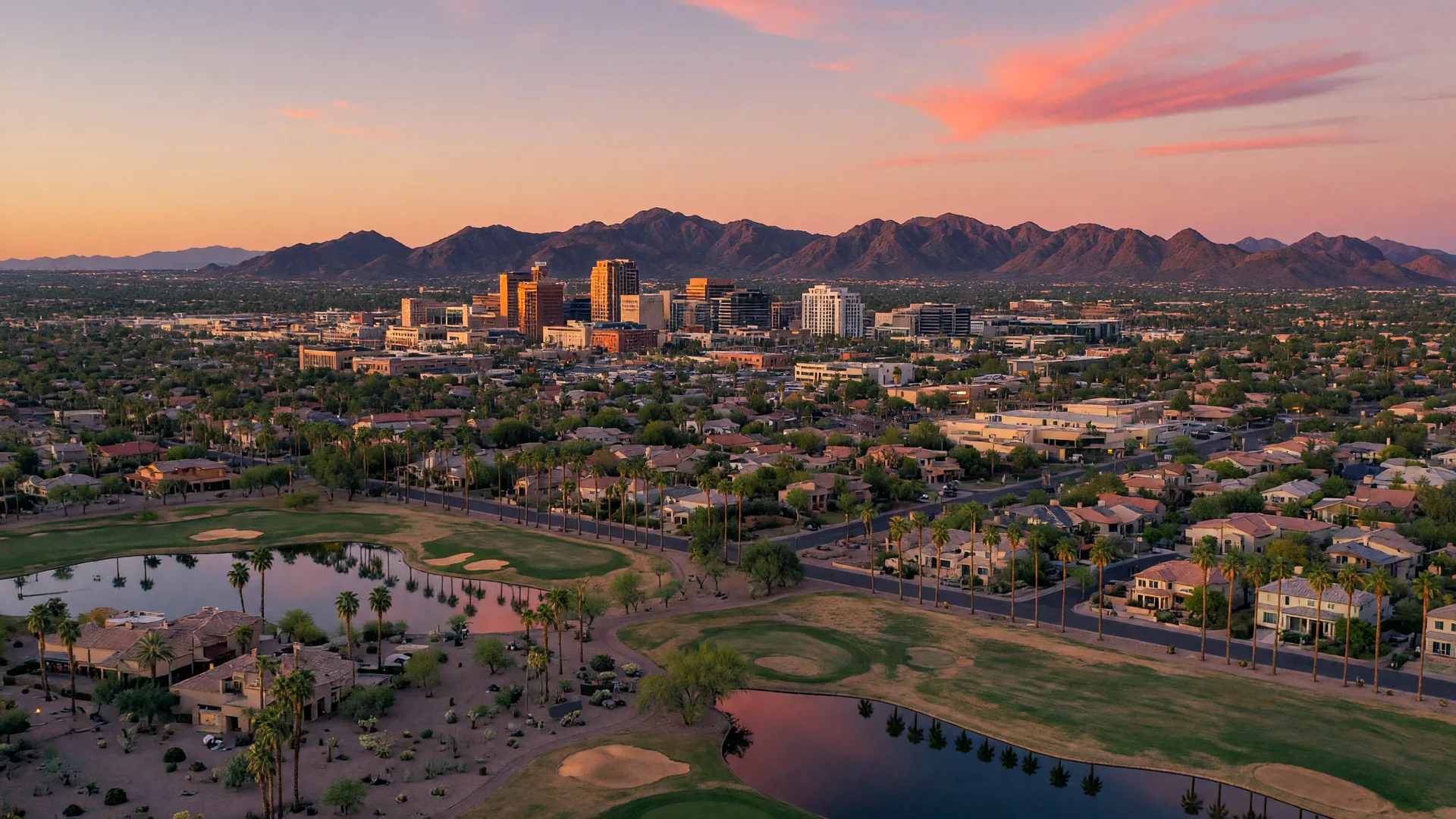 Golden hour aerial view of Chandler, Arizona, with palm-lined neighborhoods stretching toward the San Tan Mountains