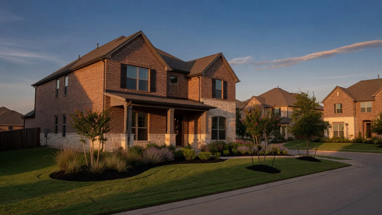 A two-story brick and stone newer resale home in a North Texas master-planned community at golden hour, with landscaped front beds and similar homes on the street