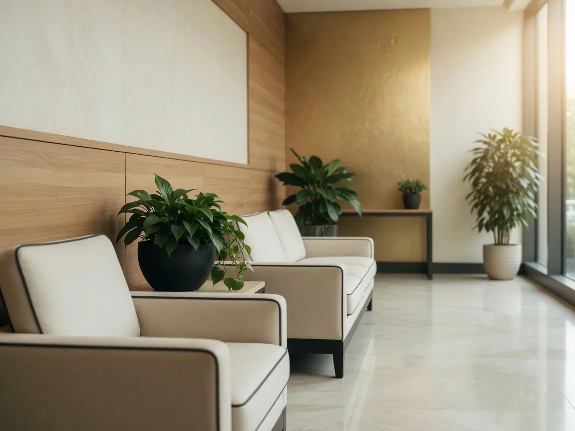 A serene modern medical clinic reception area with warm wood, ivory seating, and soft daylight