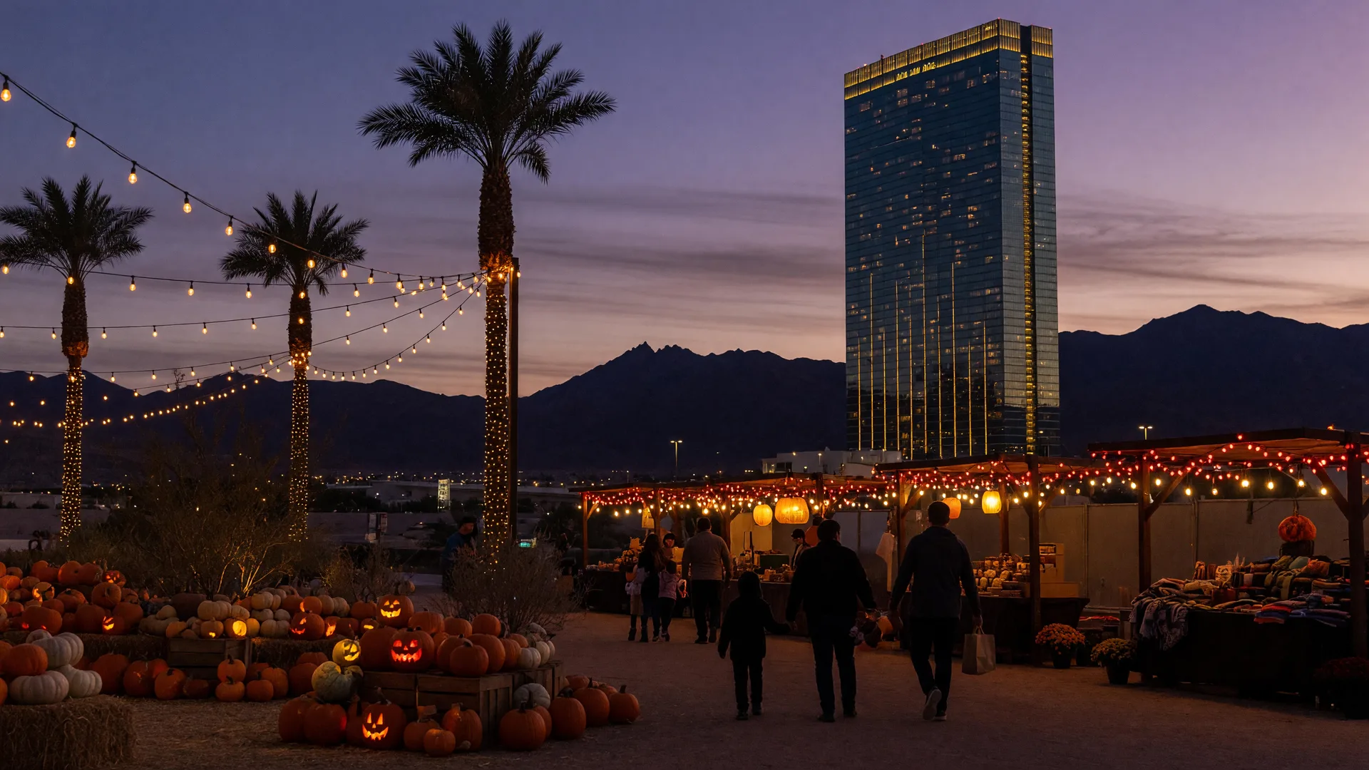 Late-October evening at a Southwest Las Vegas plaza with a glowing pumpkin patch, string lights between palm trees, market stalls, and a resort tower on the horizon