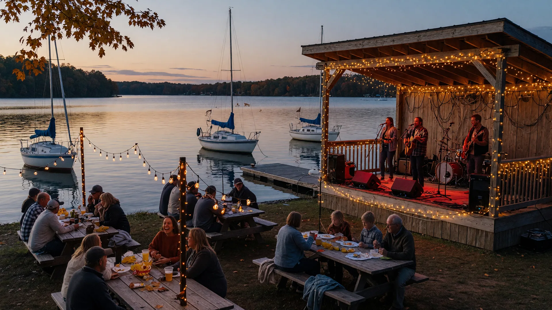 A band performing on a string-lit lakeside stage on Lake Norman at early-autumn dusk, with a crowd at picnic tables and sailboats moored behind