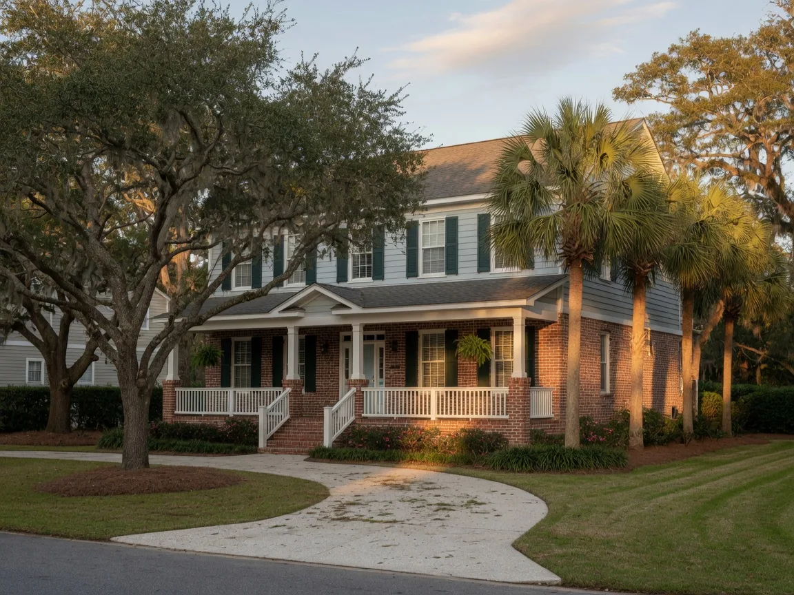 A brick and hardiplank single-family home in a Summerville-area suburb in late-afternoon light, framed by live oaks and palmettos, the kind of home a zero-down VA loan can put within reach