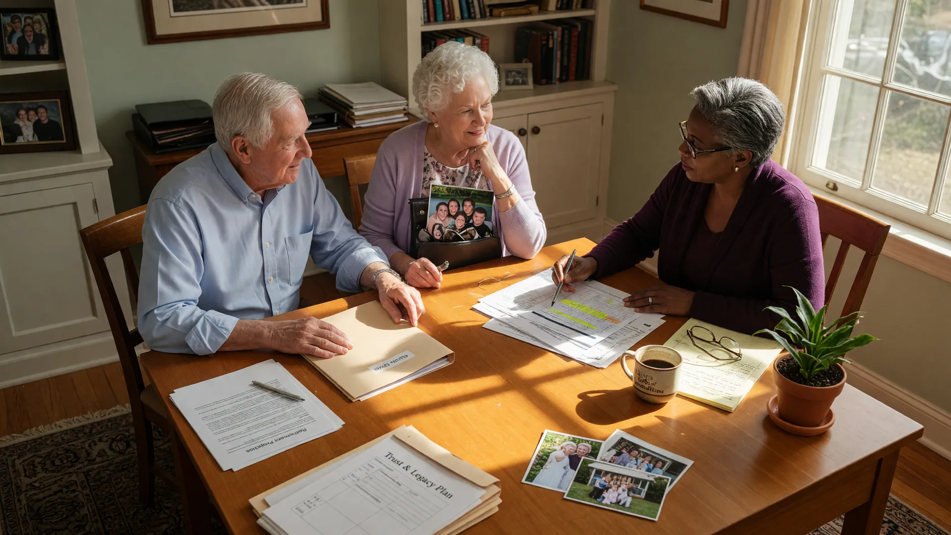 A senior couple meeting with a trusted financial advisor in a warm, light-filled home office