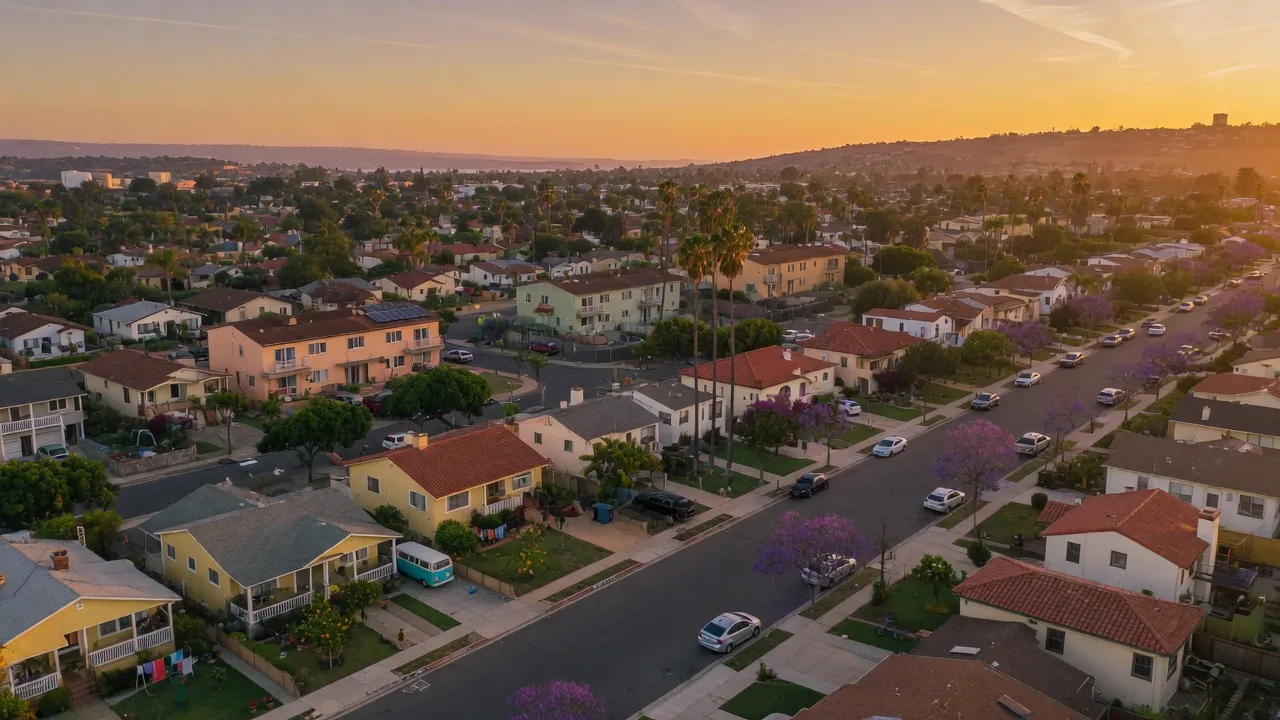 Aerial view of a diverse San Diego County residential neighborhood at golden hour, showing a mix of single-family homes and small apartment buildings stretching toward distant hills