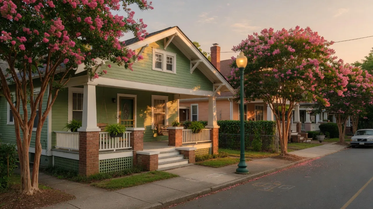 Historic Craftsman bungalow with wide front porch and crape myrtle trees on a tree-lined street in the Wilmore neighborhood Charlotte NC