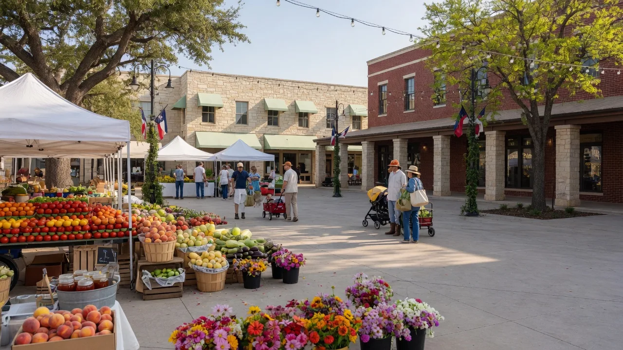 An illustrative weekend farmers market on a Texas Main Street-style town square with market tents, string lights, and families browsing