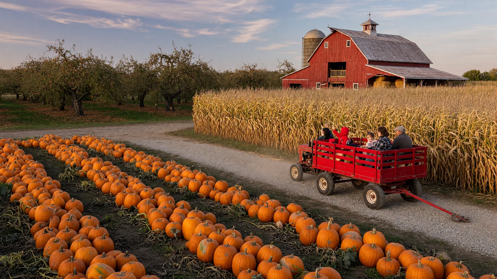 Rows of ripe pumpkins in a field leading to a corn maze with a red hay wagon on a gravel path at golden hour