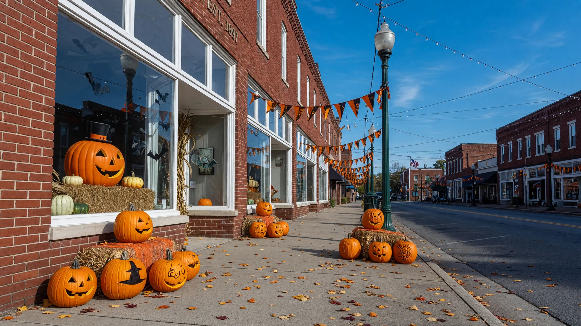 A small-town main street decorated for a Halloween festival with carved pumpkins, hay bales, bunting, and string lights on a sunny October morning