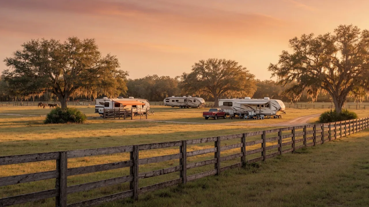 River Ranch RV Resort — Florida ranch landscape at golden hour with open pastures and oak trees