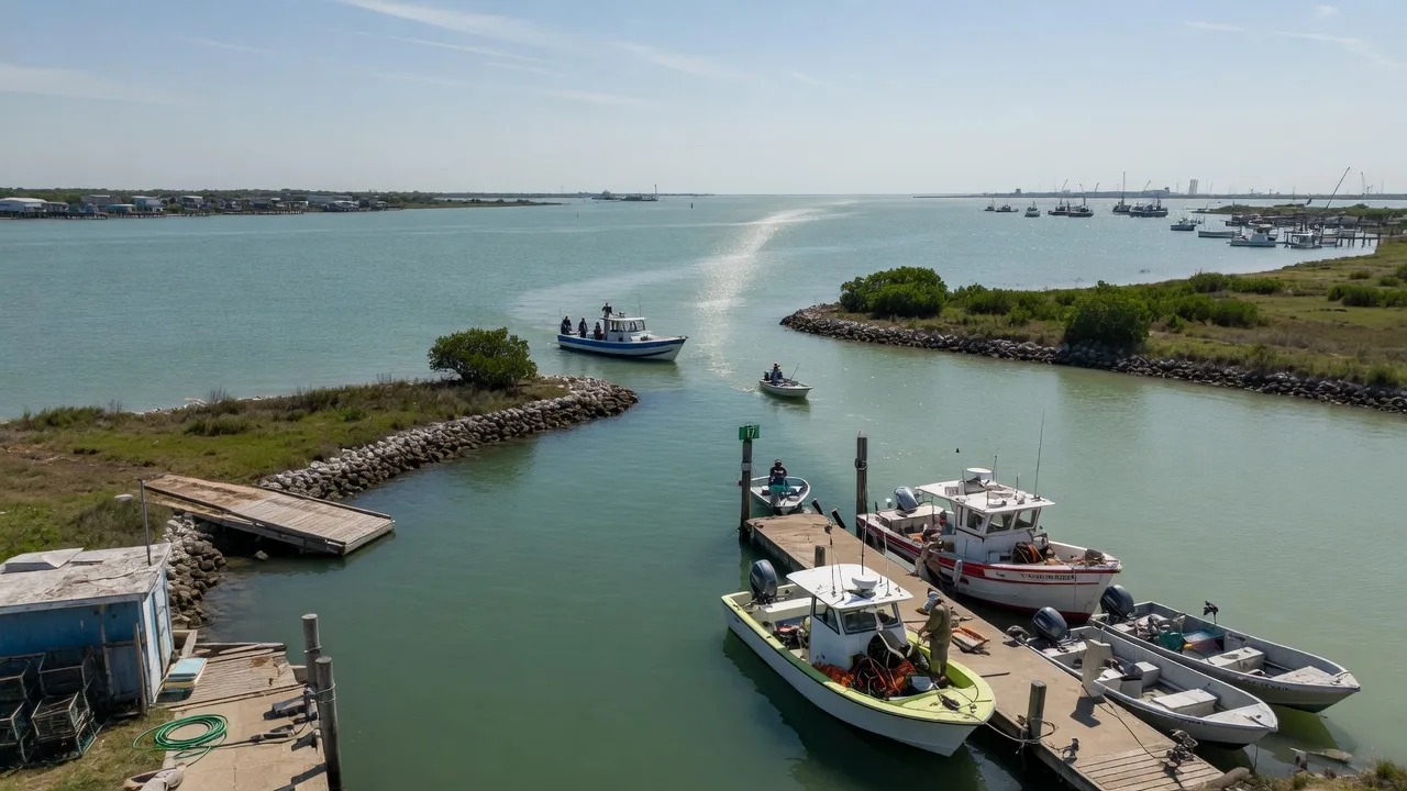 A Texas bay junction with fishing boats and a small harbor