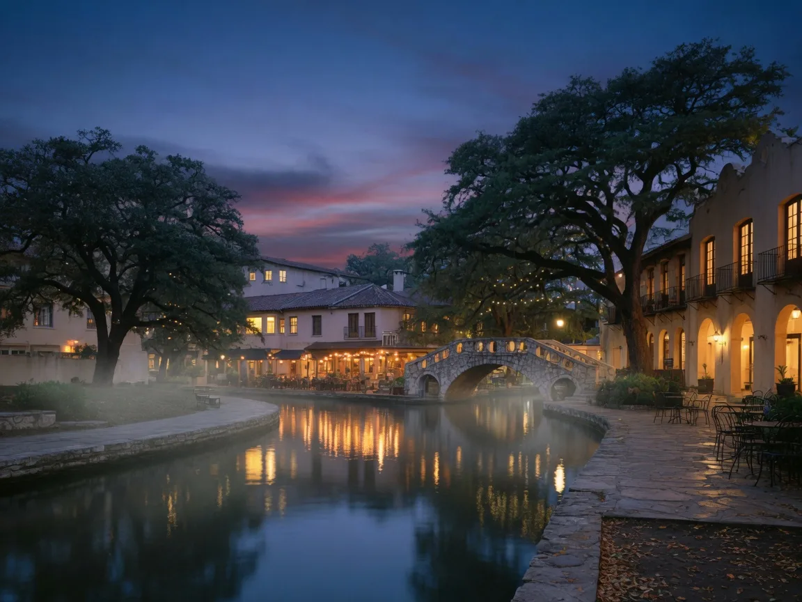 The San Antonio River Walk at dusk with warm lights reflecting on the water