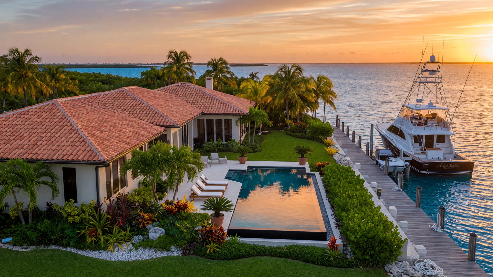 Luxury waterfront estate in Islamorada at golden hour with private pool, dock, and sportfishing yacht