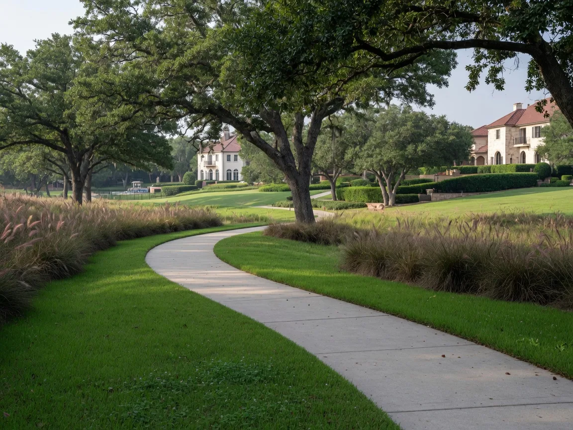 A winding sidewalk through a greenbelt with mature trees at an estate community in Flower Mound, Texas