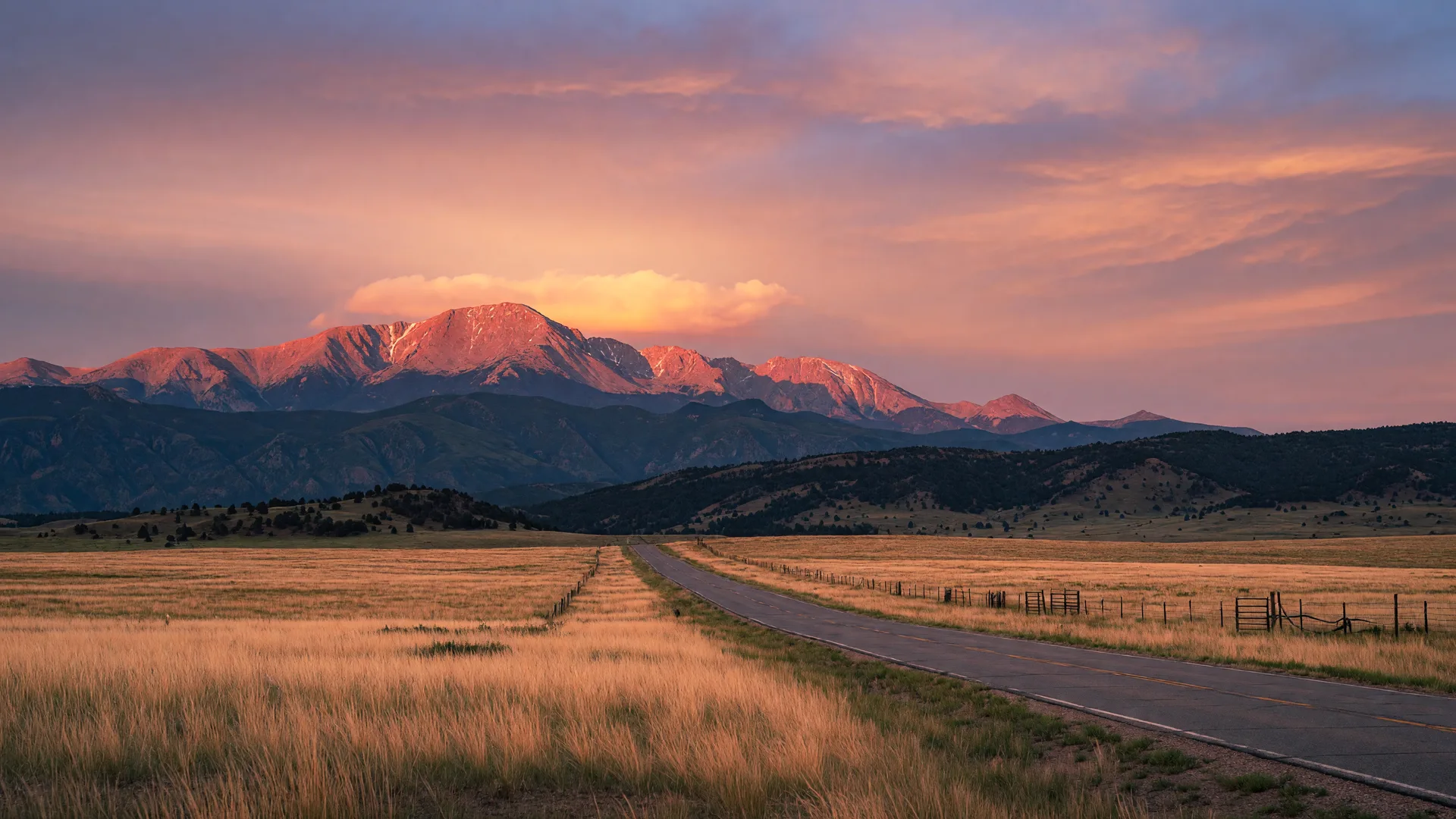 The Colorado Front Range at dusk with Pikes Peak in alpenglow