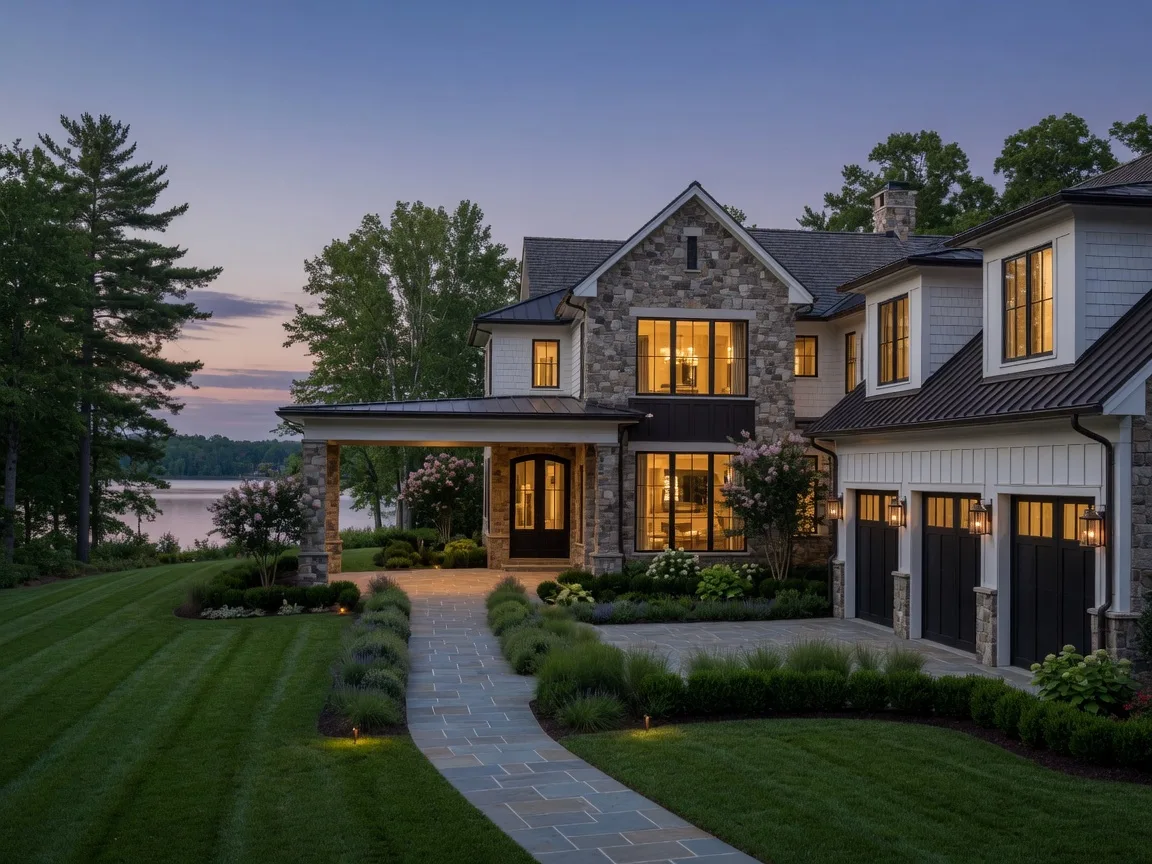 Elegant East Tennessee luxury home at dusk with warm interior light and a lake glimpsed beyond the landscaping