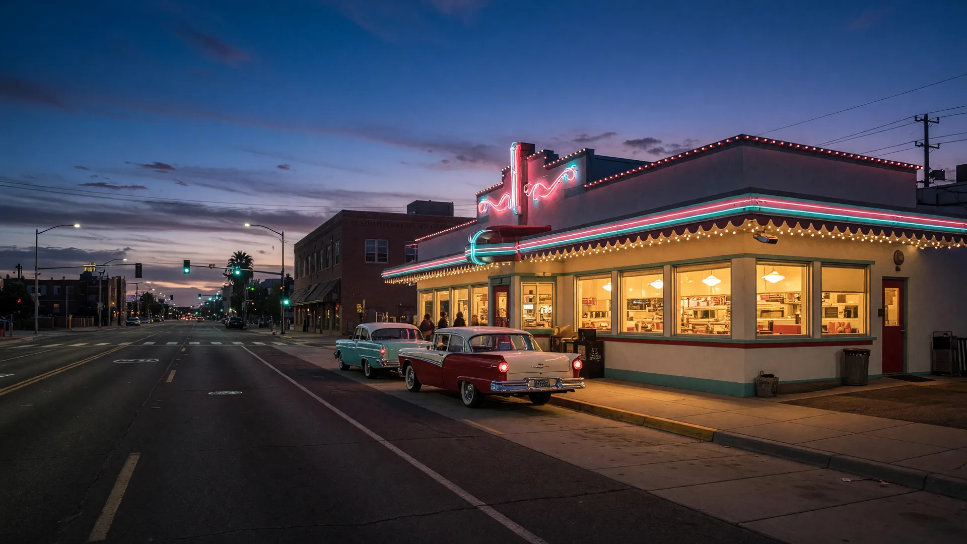 Classic Route 66 diner in Albuquerque at dusk with warm neon glow, retro teal and red trim, and vintage cars parked along the wide boulevard