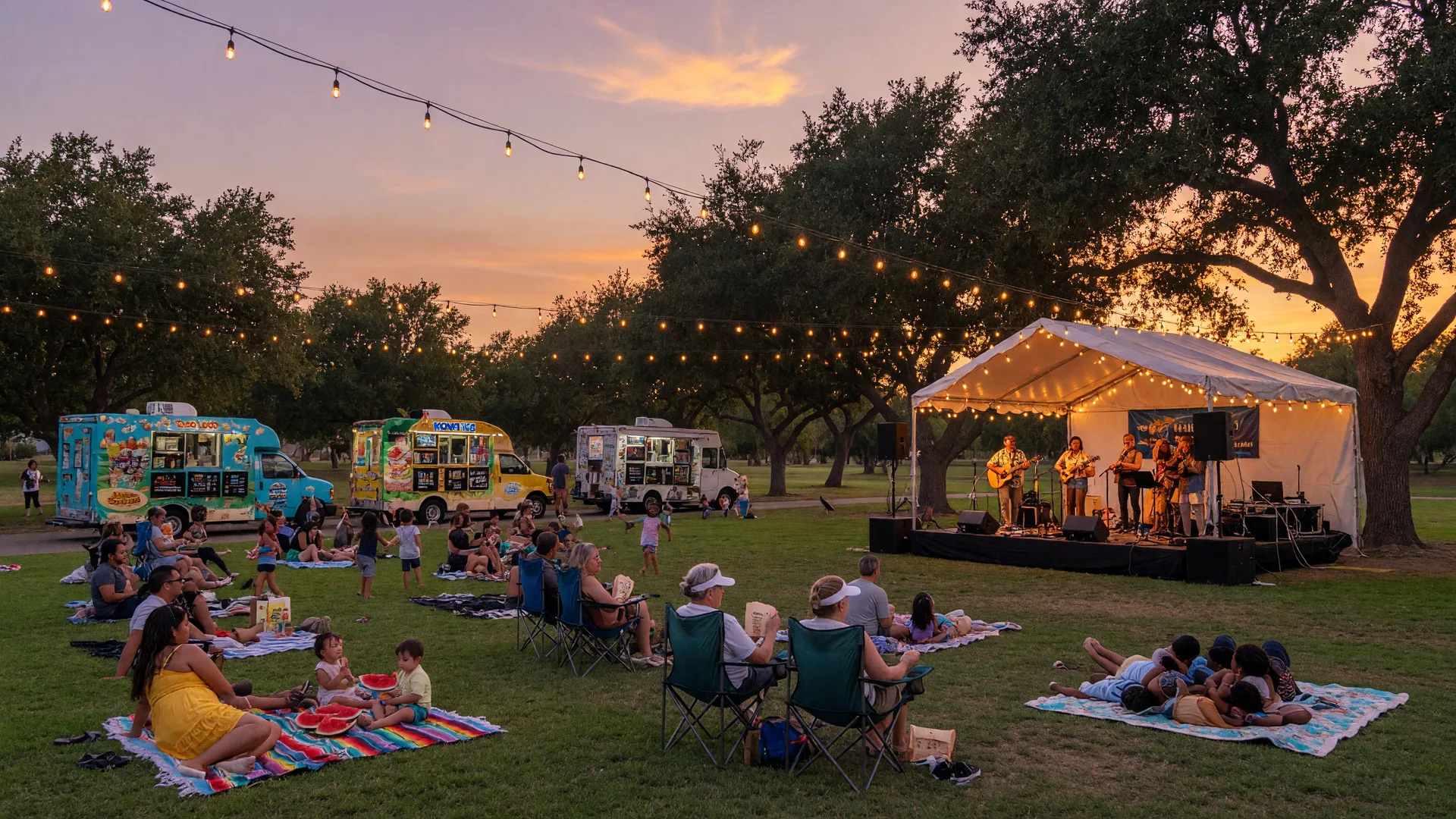 Families enjoying a summer evening community concert in a Santa Clarita Valley park at golden hour