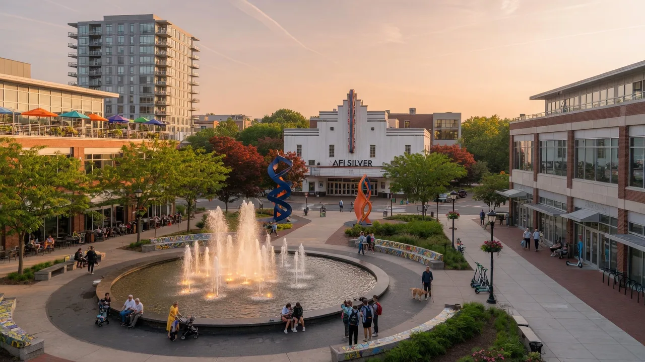 Downtown Silver Spring fountain and AFI Silver Theatre, Maryland